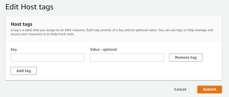 Edit Host tags interface with fields for Key and Value, and buttons to Add tag and Remove tag.