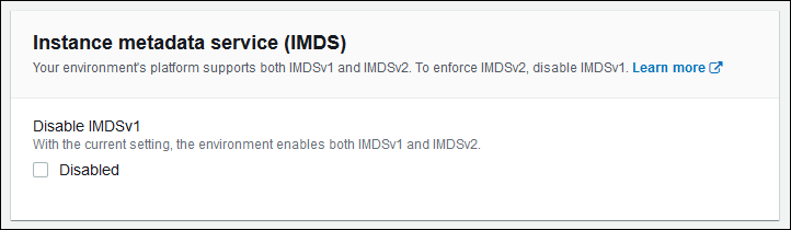 Elastic Beanstalk 实例配置窗口中的 IMDS 选项