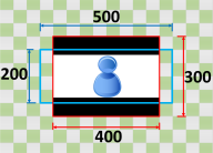 Diagram showing dimensions of a rectangle: 500 width, 400 height, with inner area of 300x200.