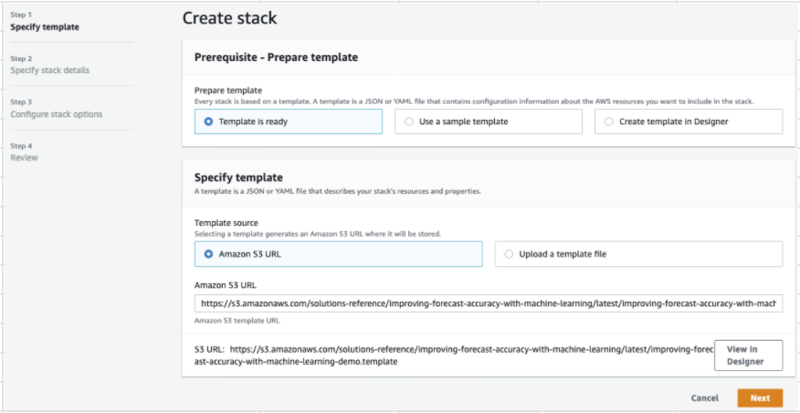 Create stack interface showing template options and Amazon S3 URL input field.