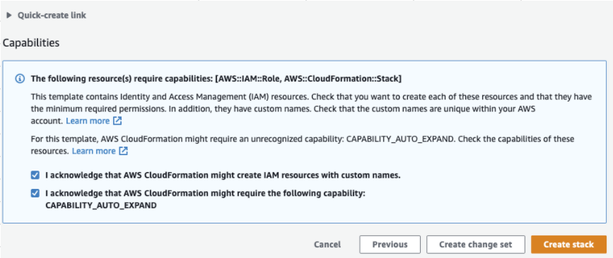 Capabilities section with checkboxes for IAM resources and CloudFormation capability acknowledgments.