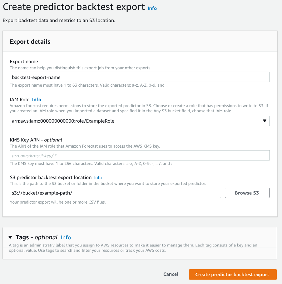 Form for exporting predictor backtest data to S3, with fields for name, IAM role, and location.