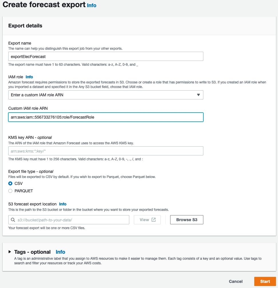 Form for creating a forecast export with fields for export details and AWS configurations.