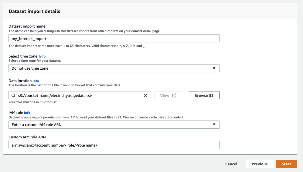 Dataset import details form with fields for name, time zone, data location, and IAM role.