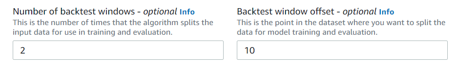 Input fields for number of backtest windows and backtest window offset with example values.