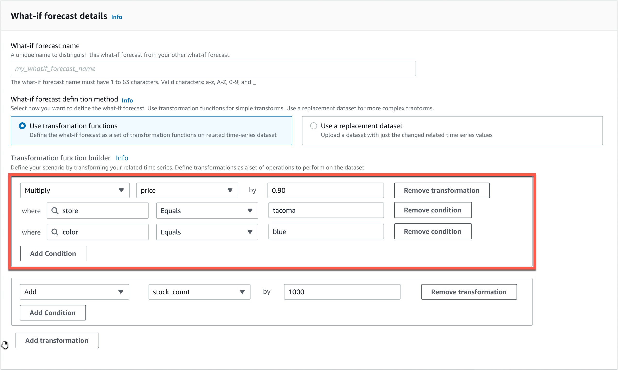 Transformation function builder interface with options to modify price and stock count.