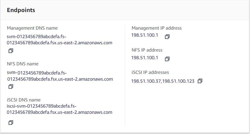 Amazon FSx 控制台中的 SVM 详细信息页面显示了 SVM 端点面板。