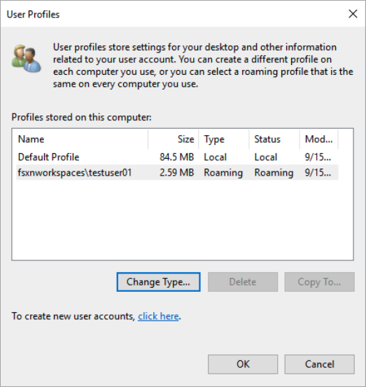 Windows 用户配置文件对话框显示了为 WorkSpace 用户配置的配置文件。