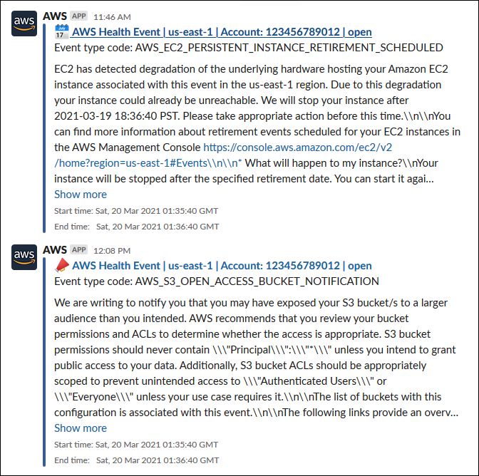 两个 AWS Health 事件在 Slack 通道中的显示方式的屏幕截图。