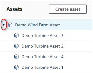 AWS IoT SiteWise “Demo Wind Farm Asset” 层次结构屏幕截图。