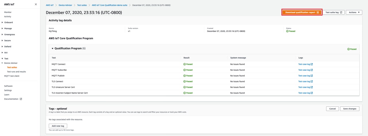 显示已通过的 MQTT、TLS 和其他组件测试的资格计划测试结果。