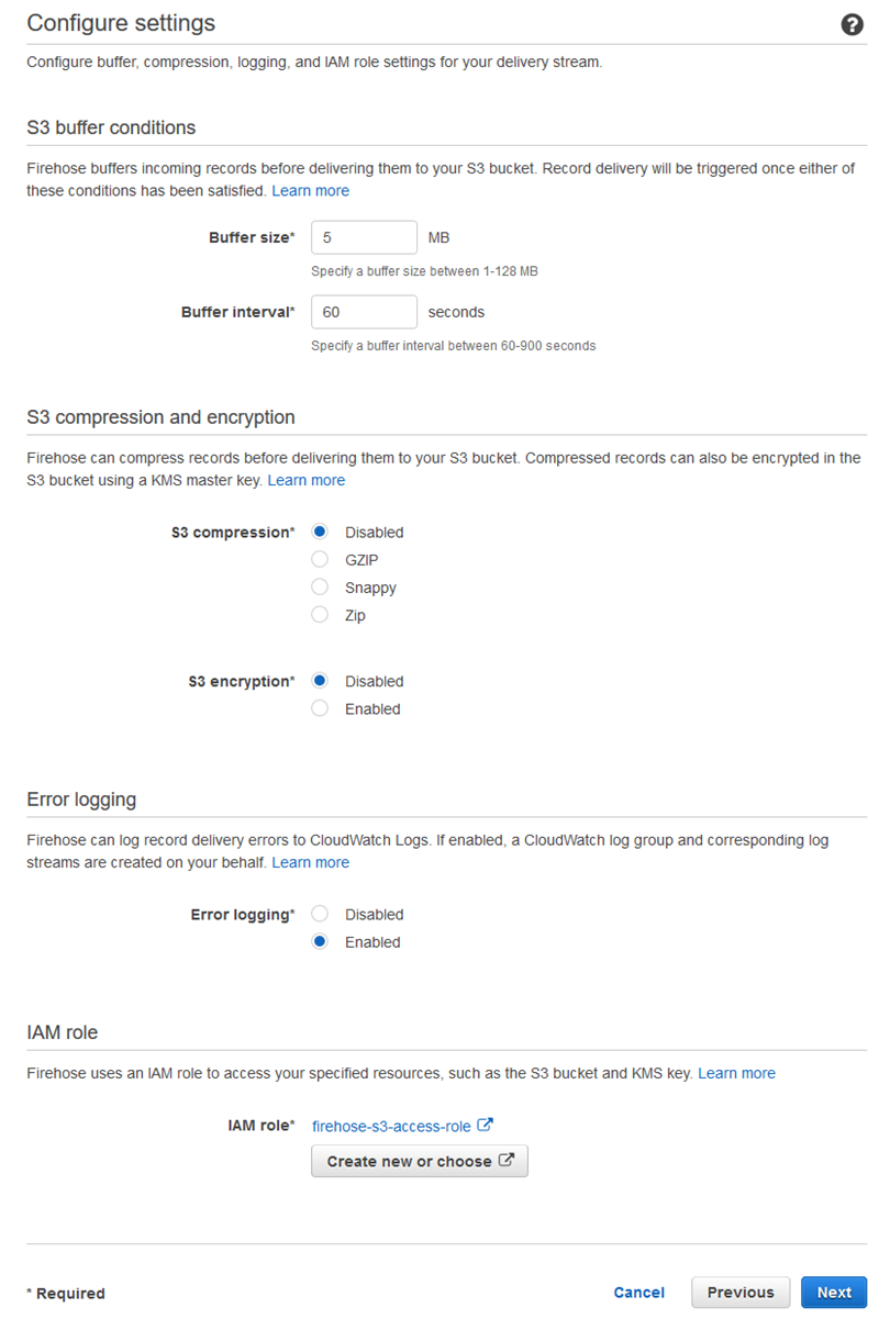 演示如何在创建 Kinesis Data Firehose 传输流时配置选项和安全性的屏幕截图。