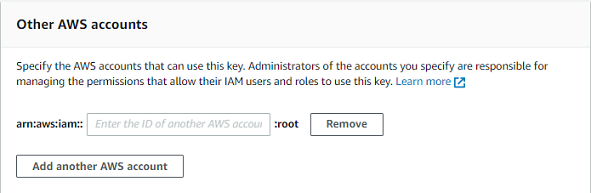 将外部账户添加到 KMS 密钥的密钥策略的控制台元素。