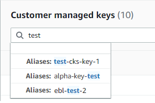 Search box with "test" entered, showing three matching aliases for 客户自主管理型密钥.