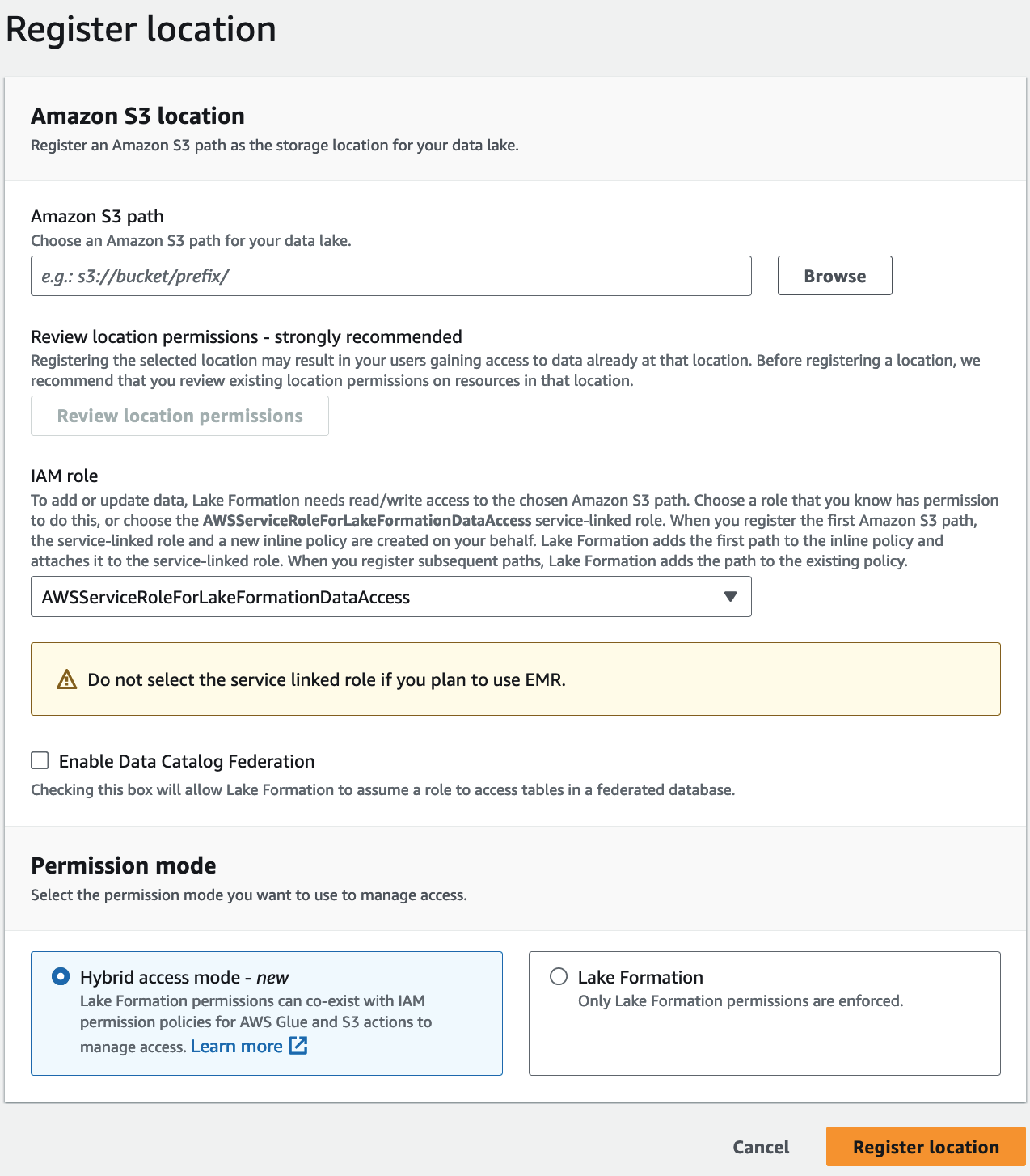 Register location form for Amazon S3 data lake with path input, IAM role selection, and permission mode options.