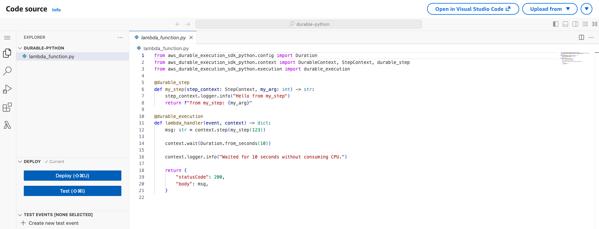 该示意图显示了控制台代码编辑器和文件资源管理器中的 lambda_function.py 文件