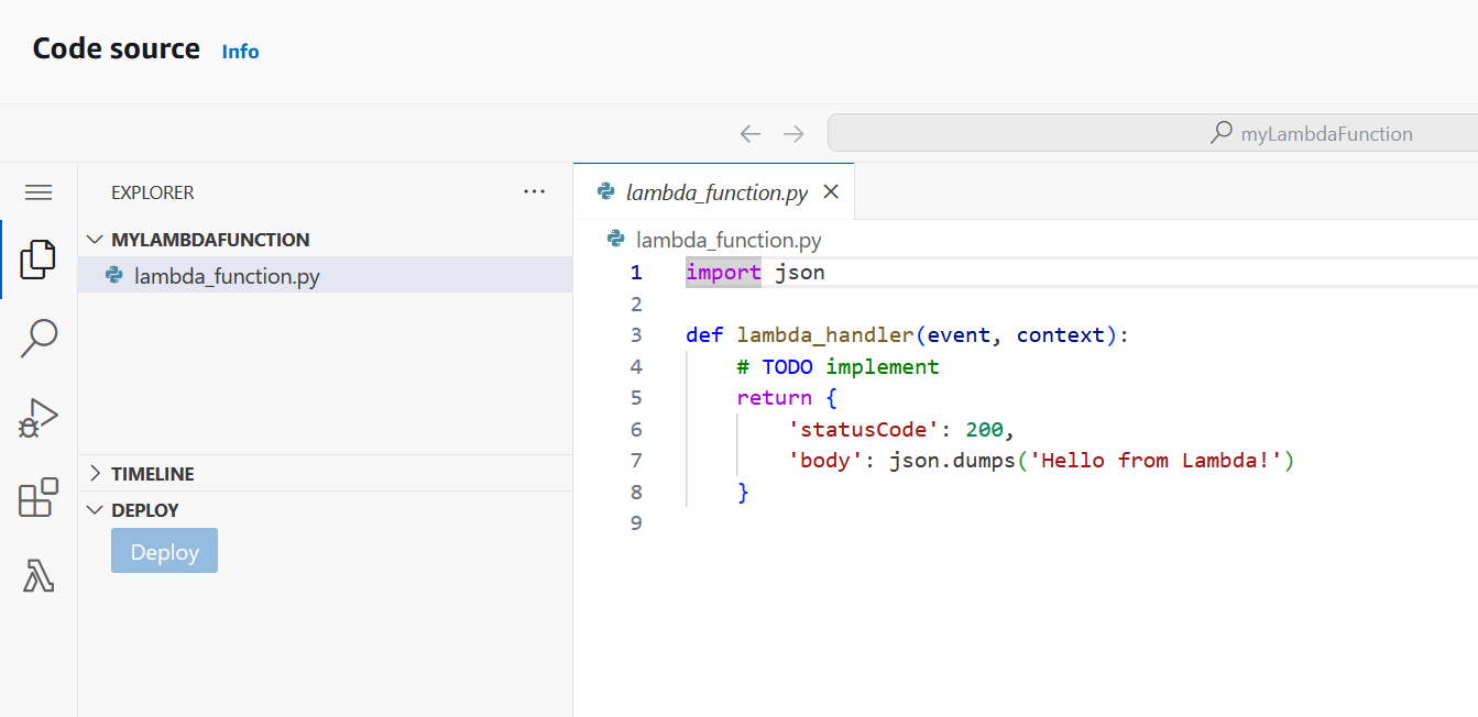 该示意图显示了控制台代码编辑器和文件资源管理器中的 lambda_function.py 文件