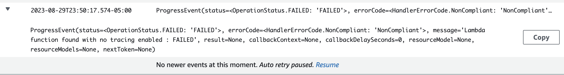 Sample log for a hook with a failed status