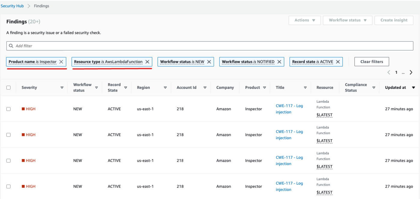 Filter for Amazon Inspector results related to Lambda functions