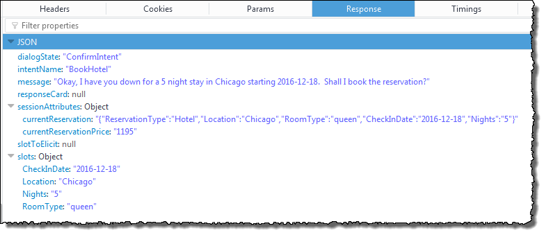 JSON 响应包含对话状态、意图名称、消息、响应卡、会话属性、要引发的插槽和其他插槽。现在，所有空插槽都已填充。