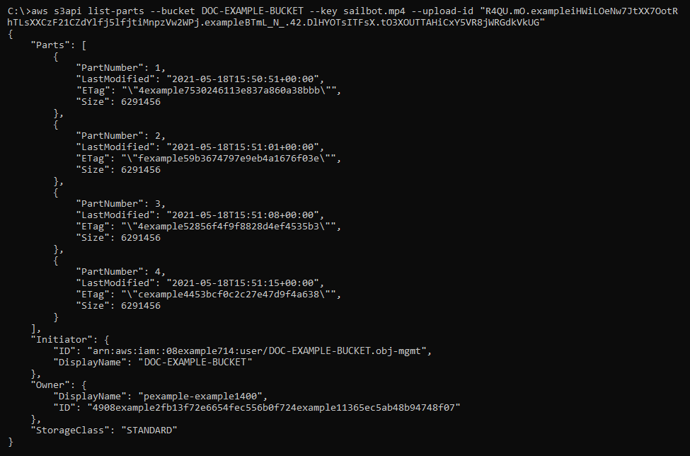 list-parts 命令的结果