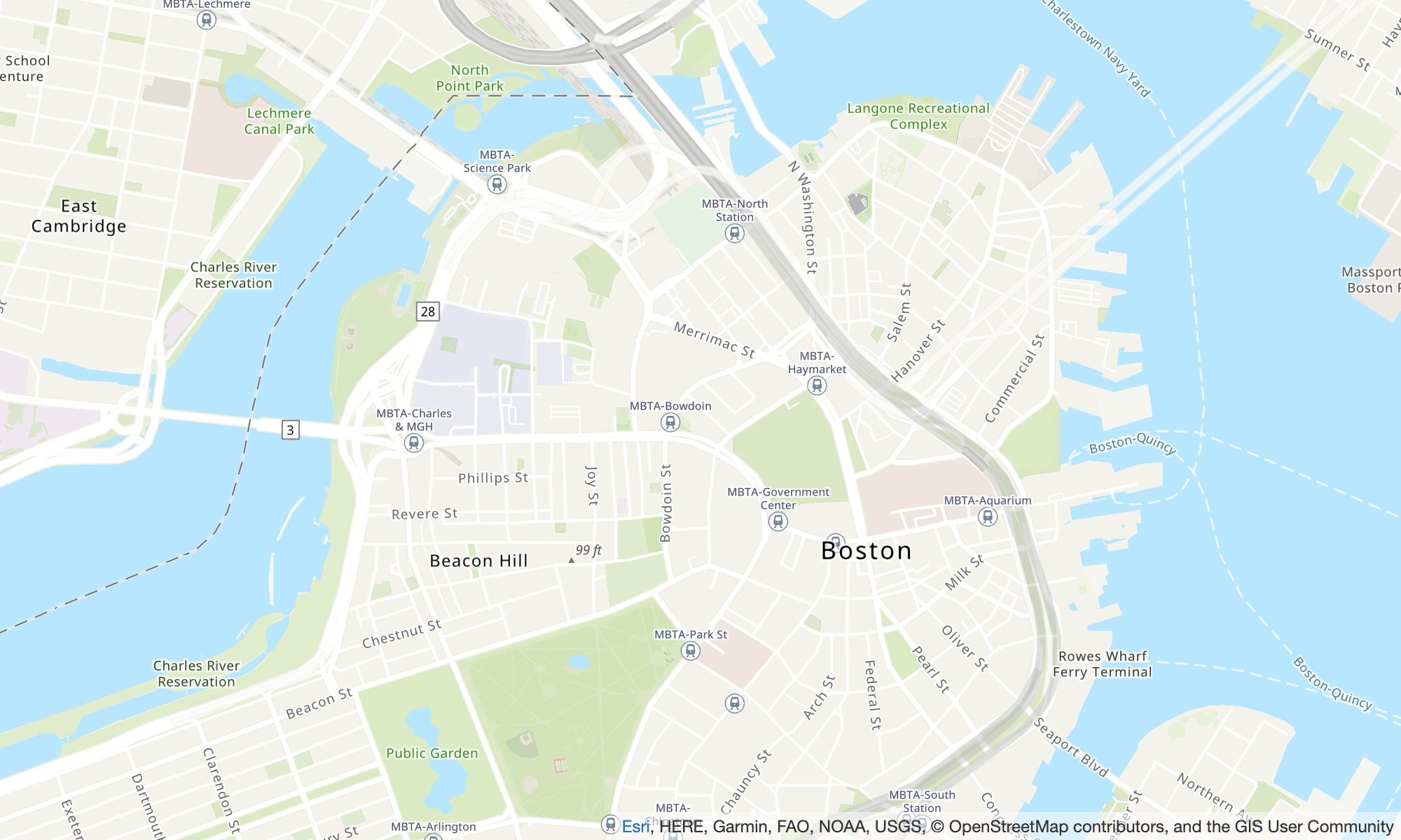 Map of Boston area showing Charles River, Beacon Hill, and MBTA stations.