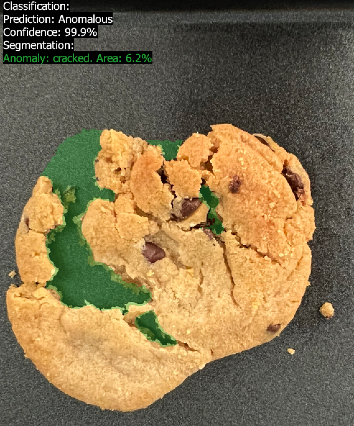 Chocolate chip cookie with green segmentation highlighting cracked areas, labeled as anomalous.