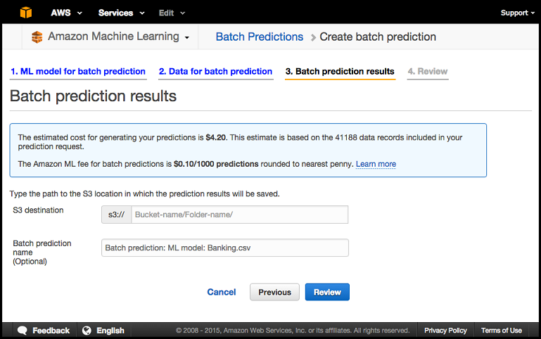 Batch prediction results page showing estimated cost, ML fee, and S3 destination input.