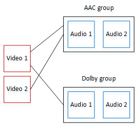 Diagram showing video inputs connected to AAC and Dolby audio group outputs.