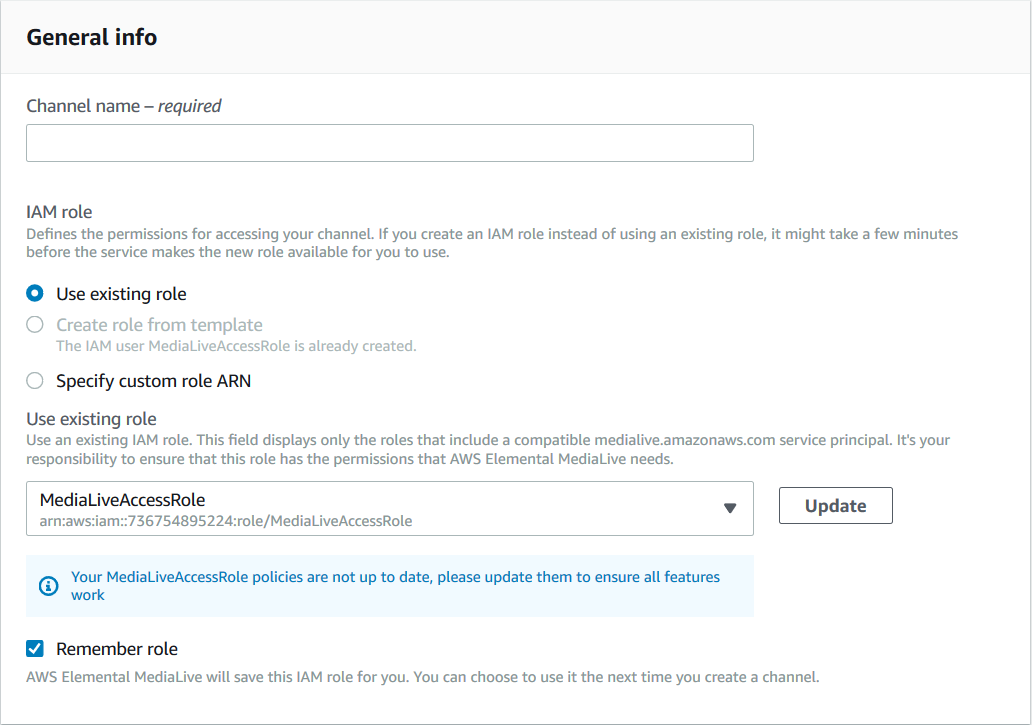 IAM role section with options to use existing role, create from template, or specify custom ARN.