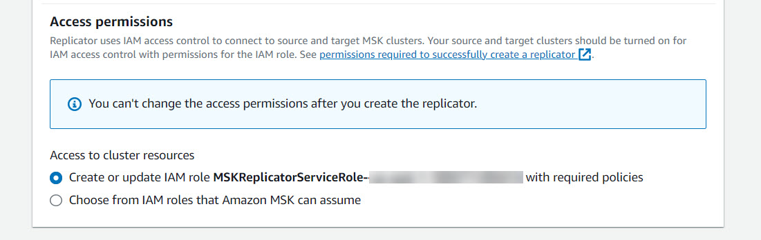 MSK用于创建或更新复制器IAM角色的控制台