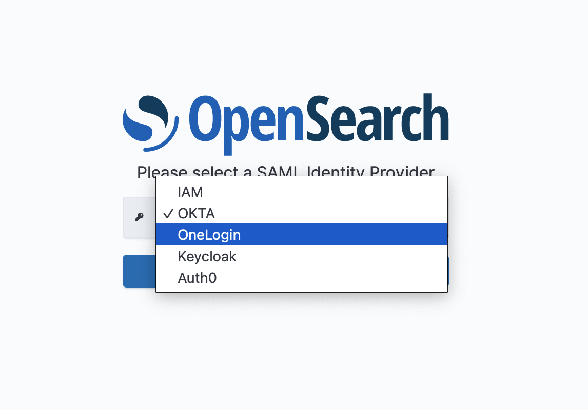 OpenSearch login page with dropdown menu for selecting SAML Identity Provider options.