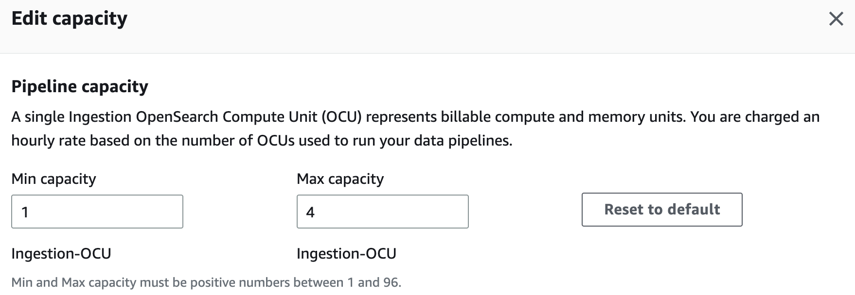 Edit capacity interface for pipeline capacity with min and max OCU settings.