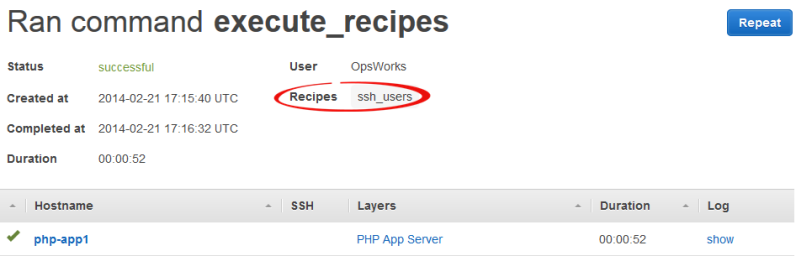 Command details page showing successful execution of Recipes and ssh_users on php-app1.