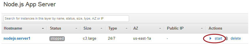 Node.js App Server interface showing a stopped instance with start and delete options.