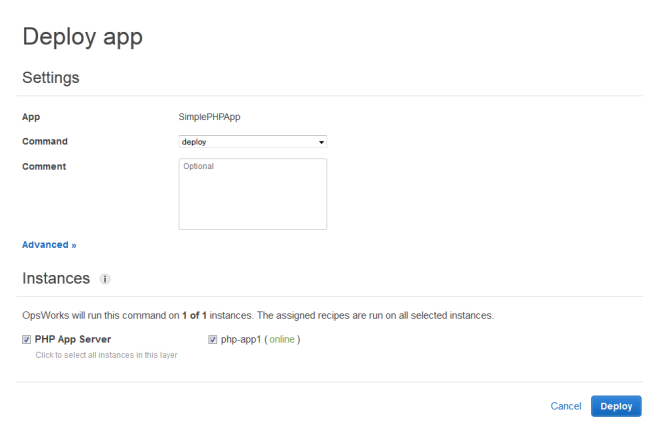 Deploy app interface with settings for SimplePHPApp and instance selection options.