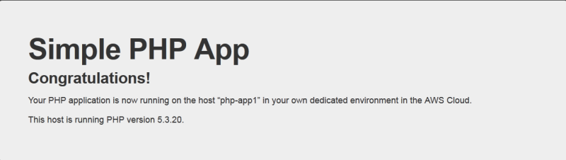 Confirmation page for a simple PHP application running on AWS Cloud with PHP version 5.3.20.