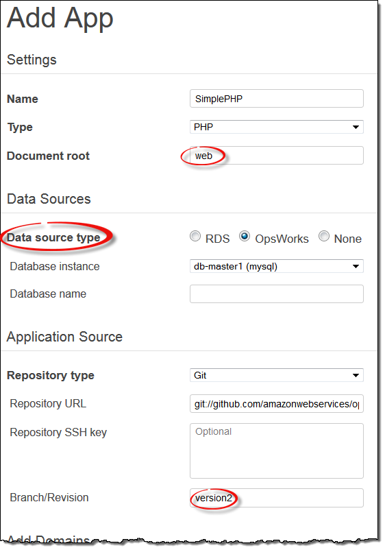 Add App form with settings for SimplePHP application and OpsWorks data source.