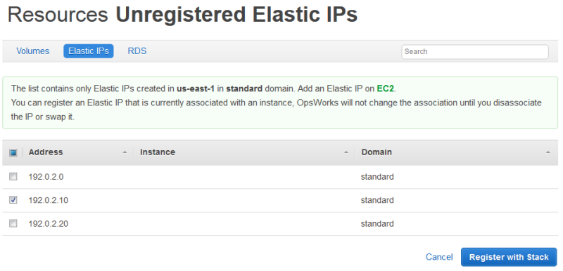 List of unregistered Elastic IPs in us-east-1 with options to add, register, and search.