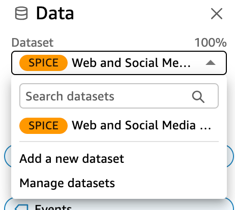 Data pane showing SPICE Web and Social Media dataset selected from dropdown menu.