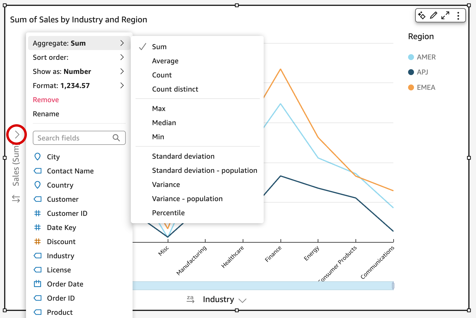 Dropdown menu showing aggregate functions such as Sum, Average, Count, and others for data analysis.