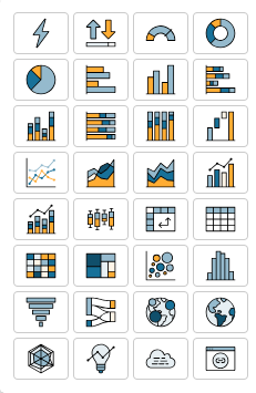 Grid of 28 icons representing various data visualization and analytics concepts.