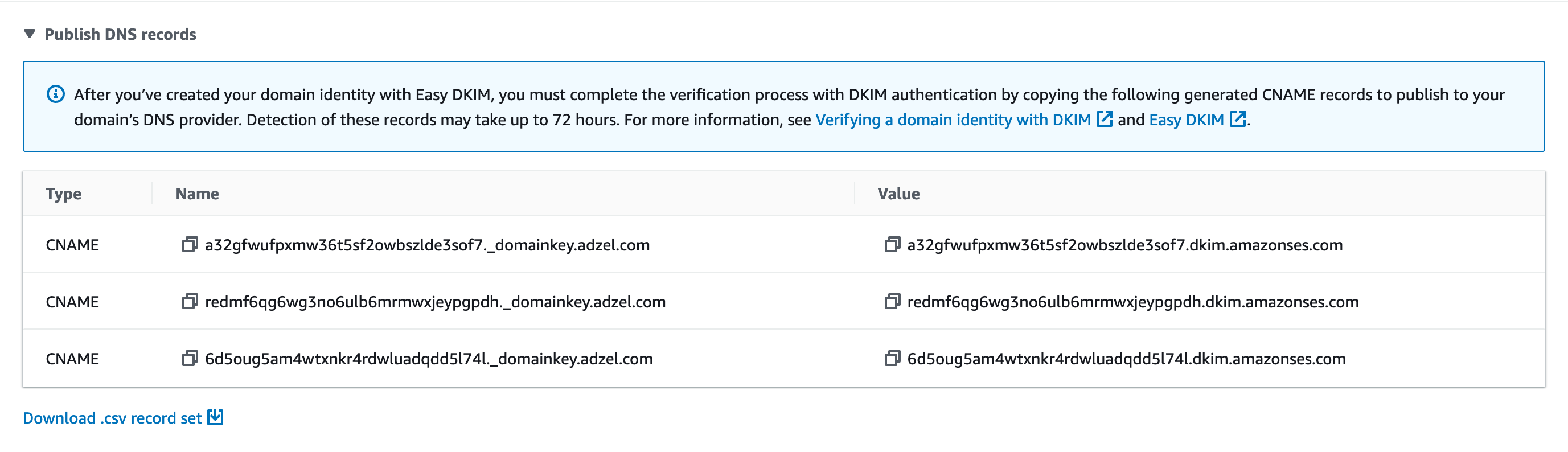 身份的详细信息页的 DKIM 部分。显示了三个虚构的 CNAME 记录。
