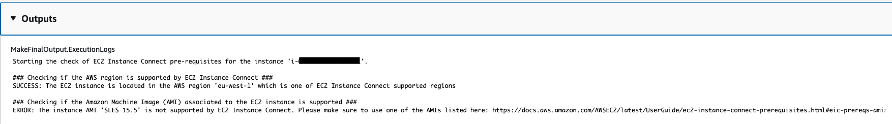 Error message indicating EC2 Instance Connect does not support the specified AMI version.