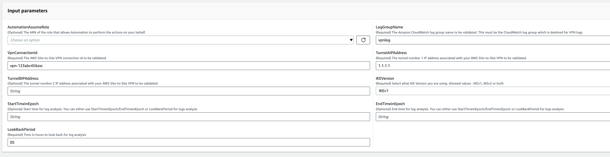 Input parameters form for AWS Site-to-Site VPN connection validation and log analysis.