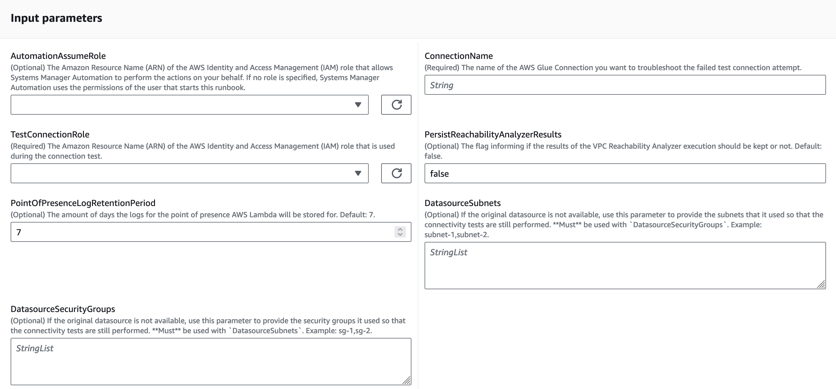 Input parameters form for AWS Glue connection troubleshooting with various configuration options.