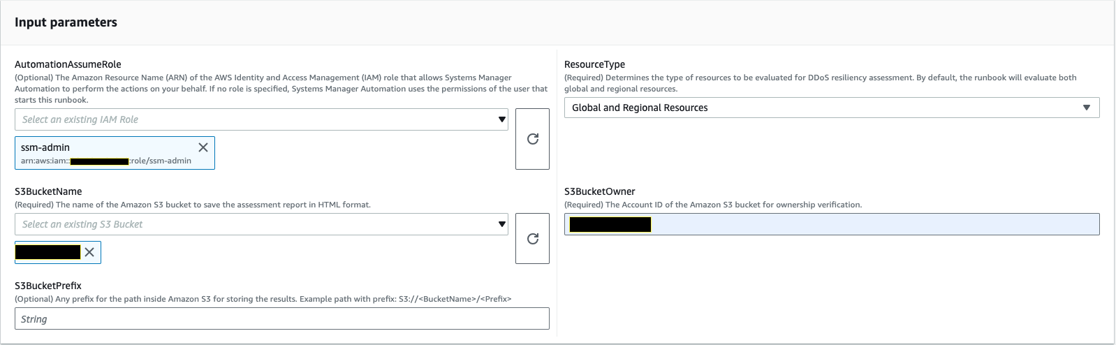 Input parameters form for AWS Systems Manager Automation with fields for role, resources, and S3 bucket settings.