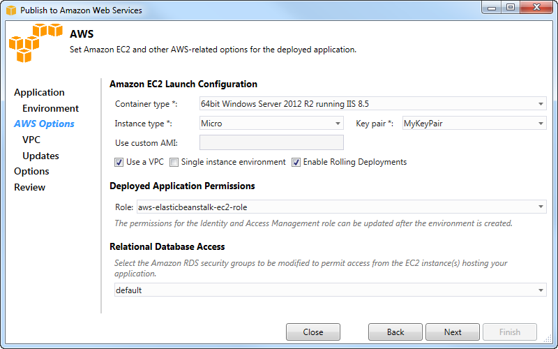 AWS EC2 launch configuration settings for deploying an application to Amazon Web Services.