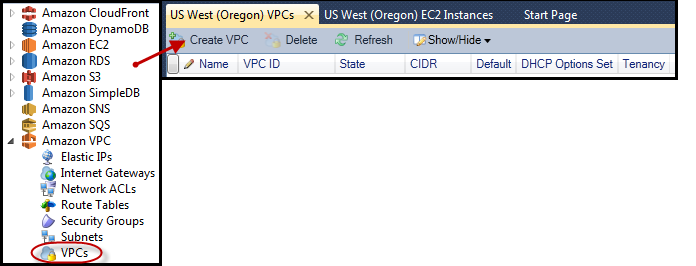 AWS Explorer showing Amazon VPC node expanded with VPCs subnode highlighted.