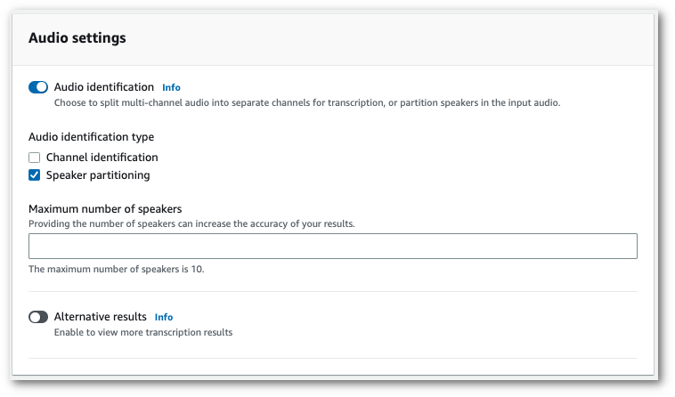 Amazon Transcribe 控制台 “配置作业” 页面。在“音频设置”面板中，您可以启用“发言者划分”。